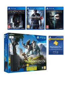 PRODUIT PS4 Slim 1 To + Horizon Zero Dawn + Uncharted 4 + Dishonored 1 et 2 v2