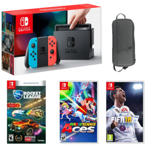 Nintendo Switch (Grise ou Néon) + Mario Tennis Aces + FIFA 18 + Rocket League + Housse