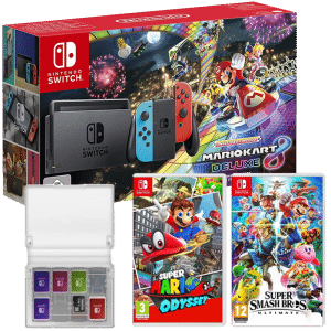 Pack Switch Mario Kart 8 Deluxe + boitier cartouches + Super Mario Odyssey + smash bros ultimate