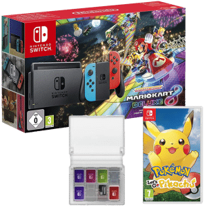 Pack Switch Mario Kart 8 Deluxe + boitier cartouches + pokemon pikachu
