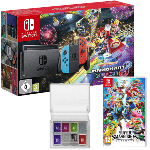 Pack Switch Mario Kart 8 Deluxe + boitier cartouches + smash bros ultimate