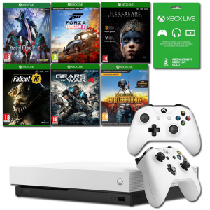 Pack Xbox One X Blanche + 2 manettes + 6 jeux + 3 mois Xbox Live Gold v1