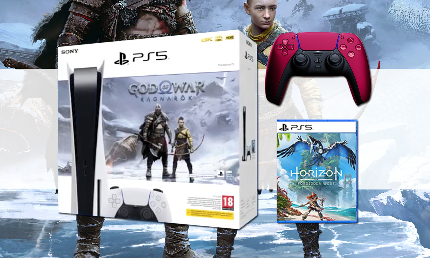 SLIDER Fnac Pack console Sony PS5 Standard God of War Ragnarök + Manette DualSense Rouge + Horizon Forbidden West