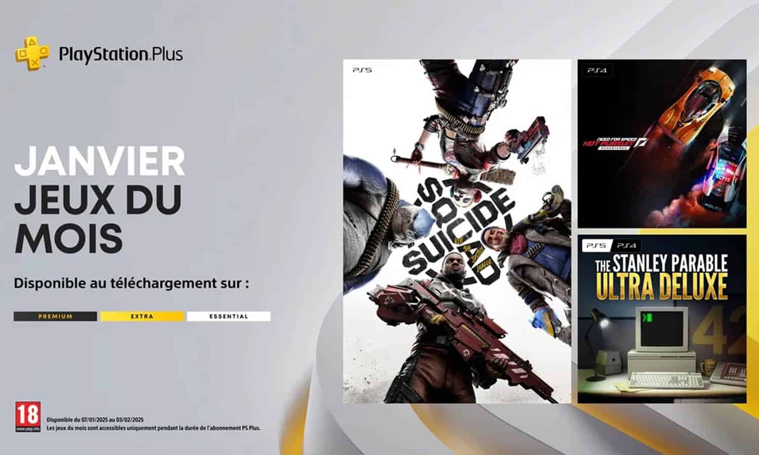 SLIDER Jeux Gratuits Playstation Plus Janvier 2025 Suicide Squad NFS et Stanley Parable V2